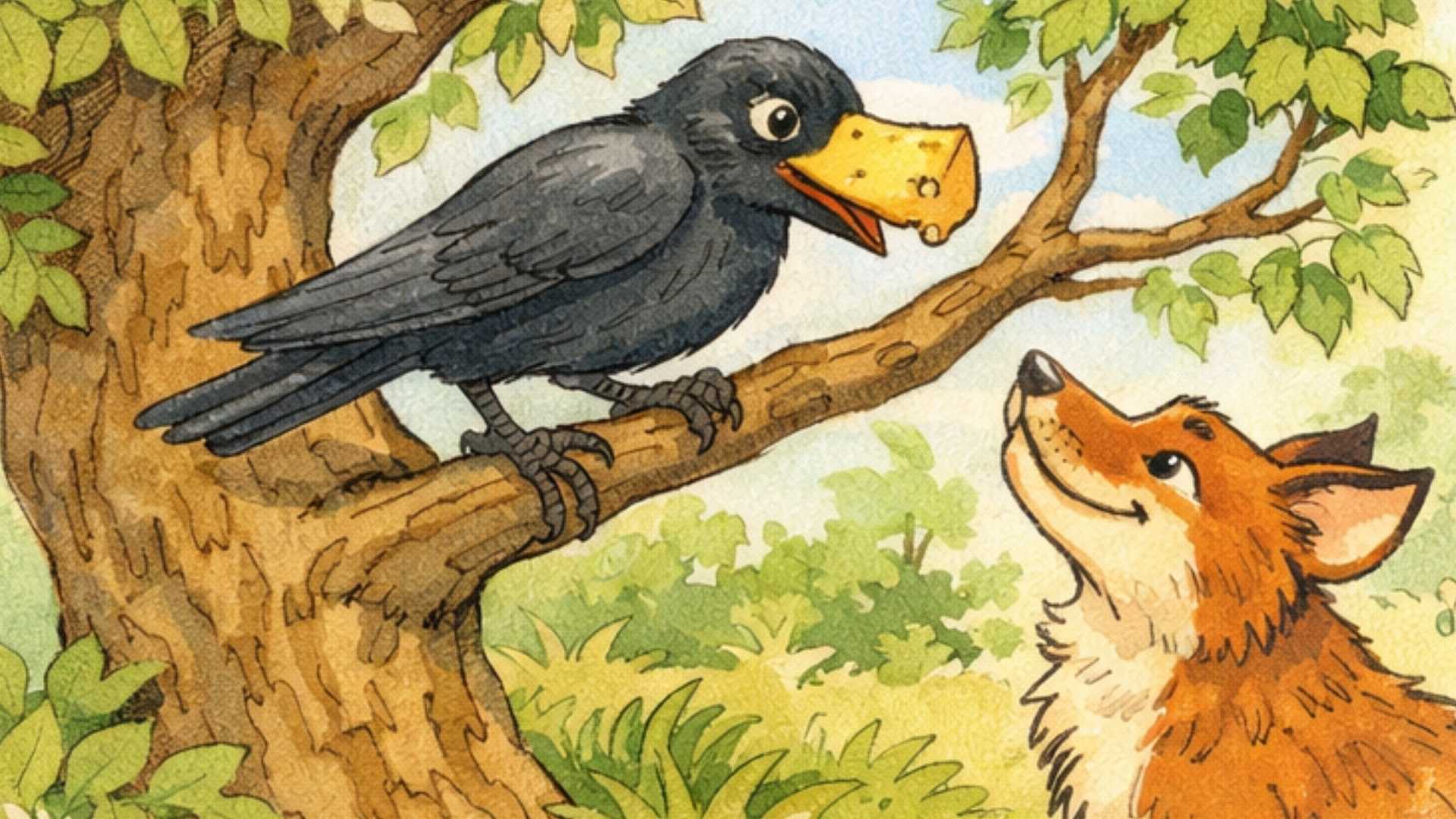 Ilustracja do bajki o kruku trzymającym ser w dziobie i chytrym lisie próbującym go podstępem zdobyć — klasyczna scena z morałem.