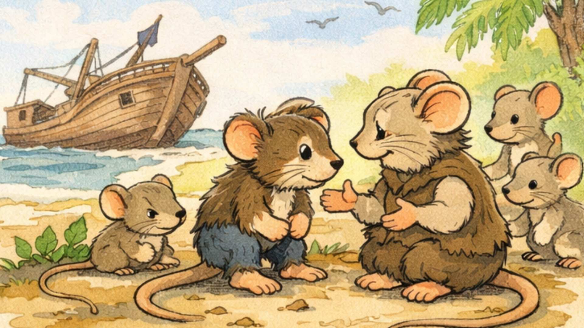 Rysunkowa ilustracja bajkowa: myszka ocalała z rozbitego okrętu rozmawia z mieszkającymi na wyspie myszami — historia o pracy i wspólnocie.