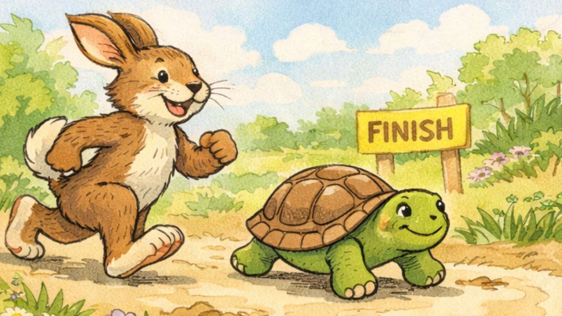Bajkowa ilustracja przedstawiająca wyścig zająca i żółwia, w którym powolny żółw wygrywa dzięki wytrwałości — znana scena z morałem.
