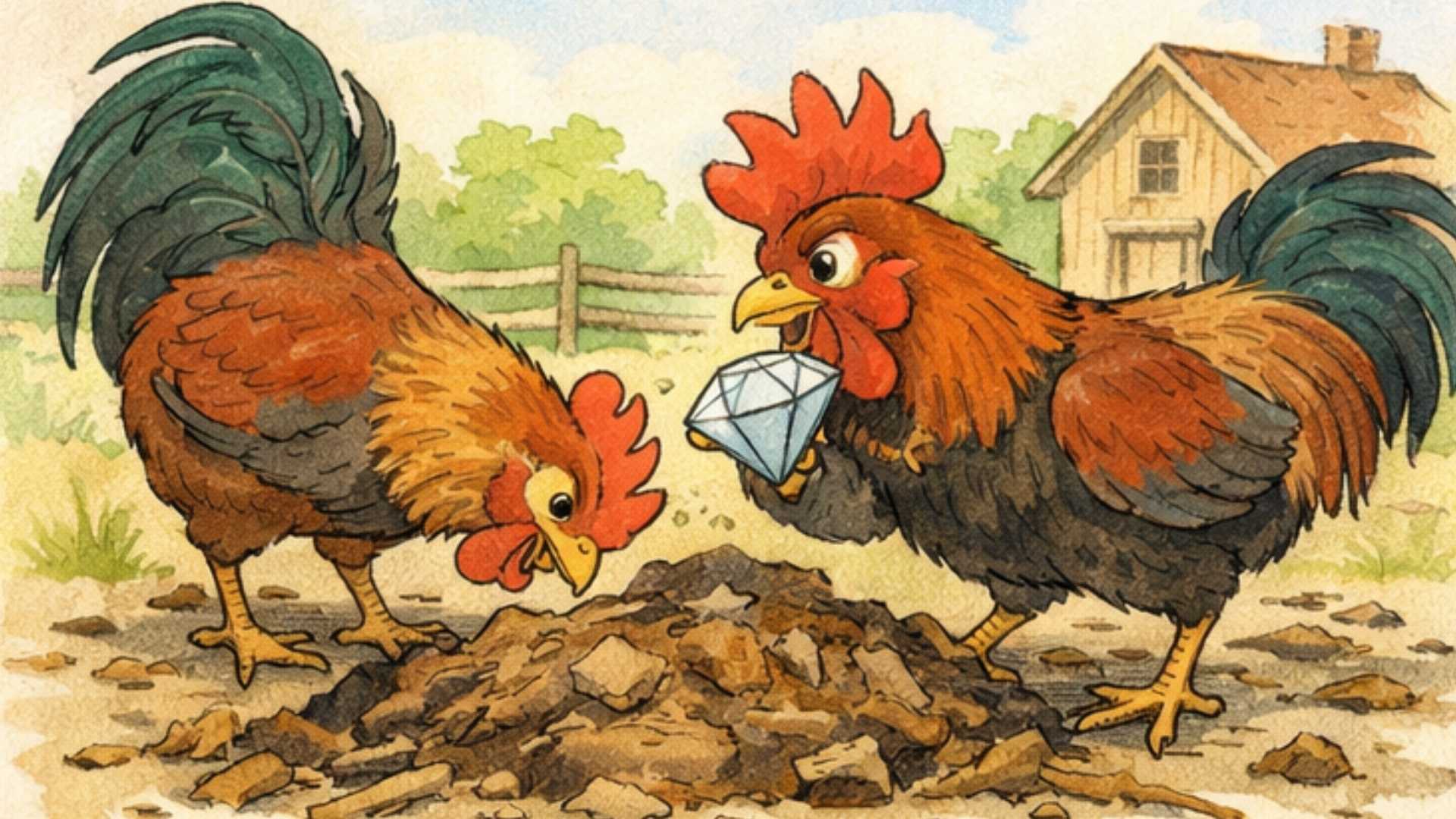 Pastelowa ilustracja do bajki przedstawiająca dwa koguty szukające jedzenia, z których jeden znalazł brylant — scena z morałem o chciwości.